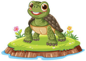 Smiling Cartoon Turtle Standing on Grassy Island