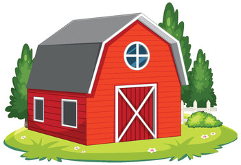 Red Barn with White Trim in Green Countryside