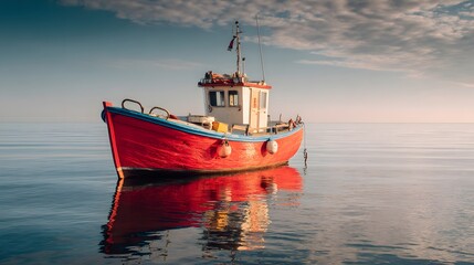 Small fishing vessel rests on calm water under a soft sky