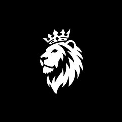 Fototapeta premium Regal white lion head silhouette wearing a crown on a black background, a powerful vector graphic symbol of royalty, leadership, and strength.