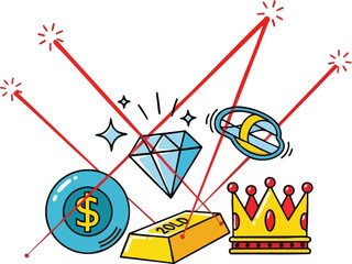 Cartoon Style Treasure Symbols Featuring Diamond Gold Coin Crown And Ring With Red Laser Beams