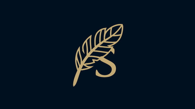 Elegant gold feather quill pen with initial letter S on a dark navy blue background, classic and sophisticated design icon