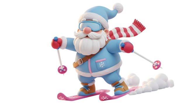 Cute cartoon santa claus skiing down a snowy slope, isolated on transparent background