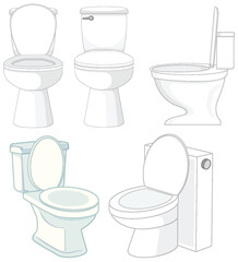 Vector Illustration of Five Modern Toilet Designs in Various Angles