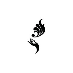 Elegant vector illustration of a graceful hand interacting with a decorative flowing organic swirl, minimalist black and white design