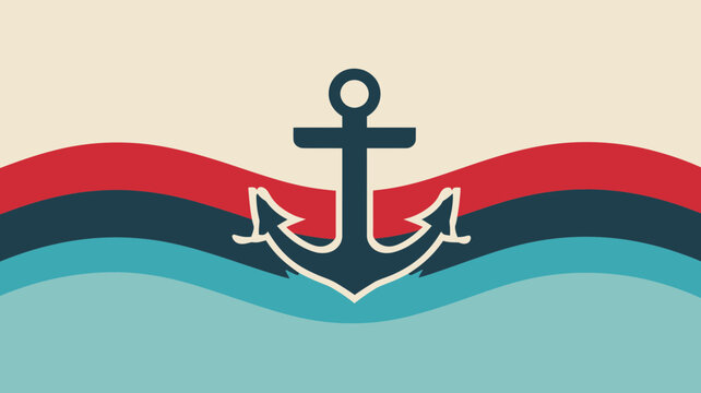 Classic Nautical Anchor on Wavy Sea Background with Red and Blue Stripes. Maritime Travel and Ocean Exploration Theme.