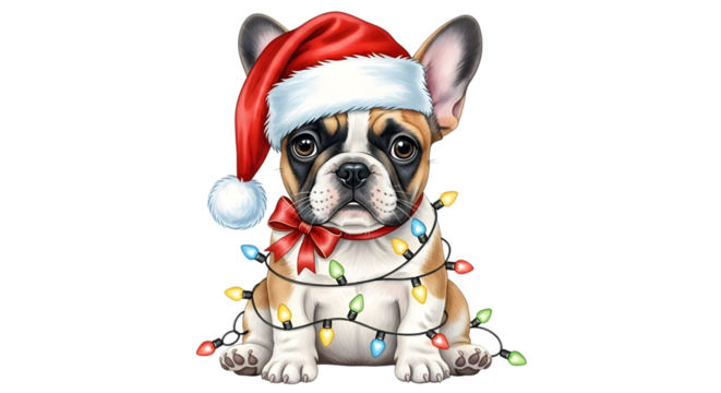 Adorable french bulldog puppy wearing a santa hat and tangled in colorful christmas lights, isolated on transparent background