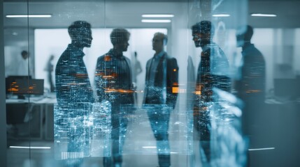 A group of professionals engaged in discussion, with a digital cityscape overlay, highlighting a modern office environment.