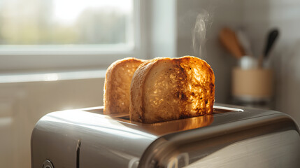 Close-up of freshly toasted bread slices emerging from a modern toaster, with steam.