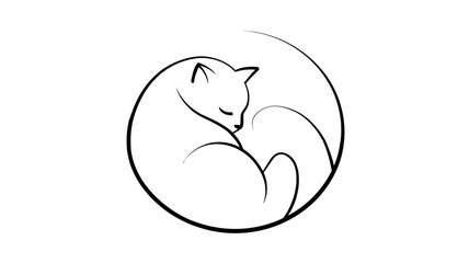 Elegant minimalist line art illustration of a sleeping cat curled up in a circle. Simple black and white vector graphic design.
