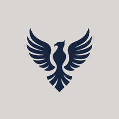 Obraz premium Stylized Dark Blue Eagle Phoenix Silhouette Logo Design. Elegant Bird with Spread Wings Icon on Light Background. Symbol of Power, Freedom, Strength.