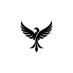 Obraz premium Powerful flying bird silhouette with majestic spread wings, a symbol of freedom, strength, and triumph. Minimalist black graphic on white.