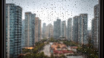 Numerous raindrops adhere to a pane of glass overlooking a dense metropolitan skyline.