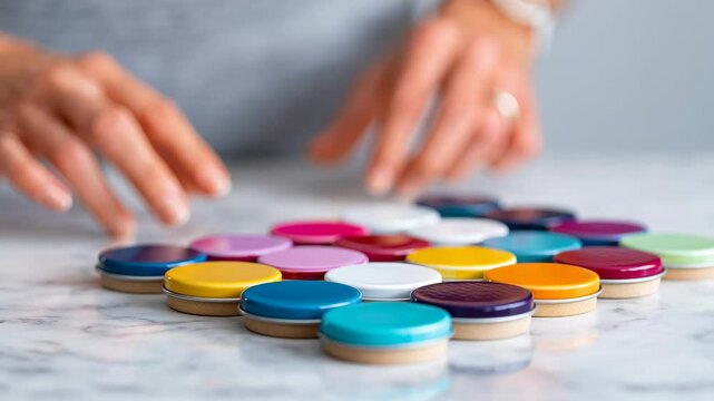 Colorful Cookware Comeback. Hands of a chef arranging colorful cookware pieces on a marble surface, showcasing vibrant hues and textures, camera follows the action in a dynamic sequence