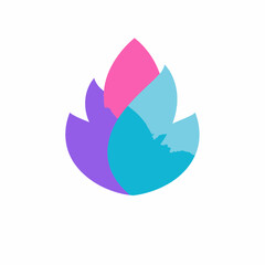 Fototapeta premium Modern abstract colorful organic shape design element. Stylized leaf, petal, or flame icon in pink, purple, and blue tones.
