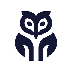 Obraz premium Stylized dark blue owl icon illustration on white background. Minimalist graphic design symbolizing wisdom, knowledge, and intelligence.