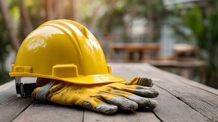 Bright yellow safety hard hat rests on worn work gloves atop a weathered wooden surface outdoors
