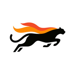 Fototapeta premium Dynamic abstract black big cat silhouette with vibrant fiery orange and red mane, leaping, symbolizing speed, power, and agility.