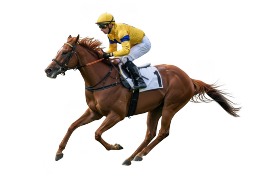 Chestnut racehorse jockey galloping fast equestrian sport horse racing number one isolated on transparent background