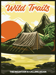 
Posters featuring various outdoor themes such as lakes and mountain exploration are on display.