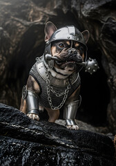 Dog in knight armor with mace on rock