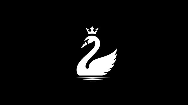 Elegant white swan icon with a crown, minimalist regal bird illustration on a black background. Graceful royal animal logo concept.