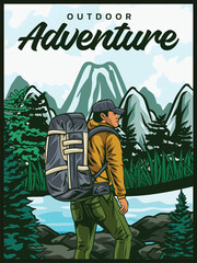 
Posters featuring various outdoor themes such as lakes and mountain exploration are on display.
