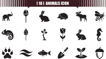 Black and white elephant, flower bud, rabbit, hedgehog, moose,  animal and plant icons vector illustration