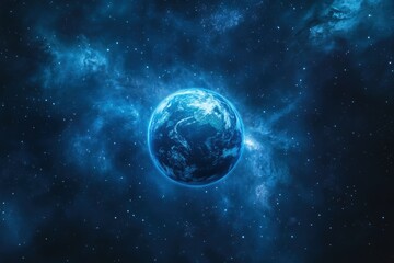 Obraz premium A stunning view of Earth surrounded by a vast, starry universe, showcasing deep blues and cosmic elements.