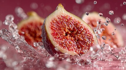 Sliced fig splashing water close-up colorful fruit pulp clear liquid motion soft natural light high-detail appetizing modern photo style
