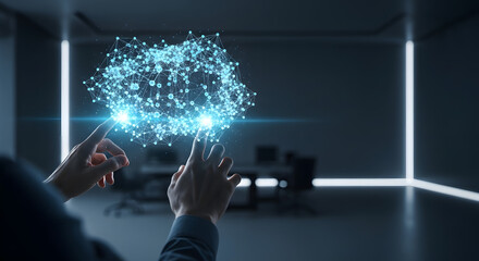 Hands interacting with a glowing digital cloud of data points.