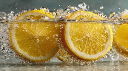 Bright lemon slices splashing water effervescent bubbles clean white background lively citrus action high-demand photo aesthetic
