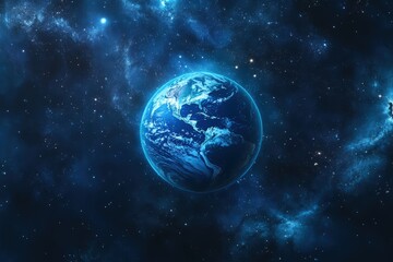 Fototapeta premium A vibrant depiction of Earth surrounded by a cosmic backdrop, showcasing the planet's beauty in a star-filled galaxy.