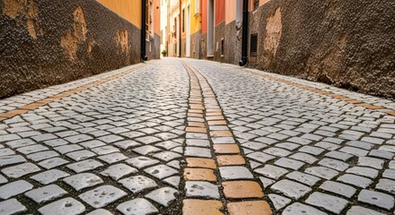 Narrow cobblestone alleyway between colorful buildings in quaint european town