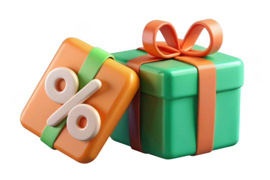 3d render gift box with percentage sign, discount offer, sale promotion, marketing strategy, special deal, isolated on transparent background