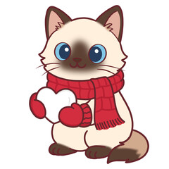 Cute Ragdoll Cat with Blue Eyes, Red Scarf and Gloves Holding a Heart for Christmas