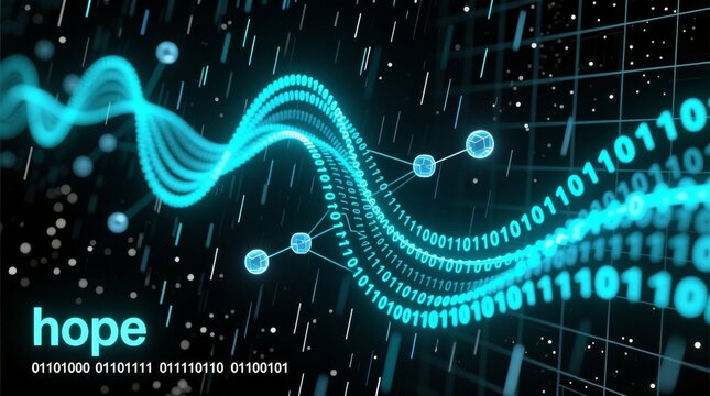 glowing binary code forms a wave with the word "hope," symbolizing digital optimism and future technology for inspirational or tech concepts.
