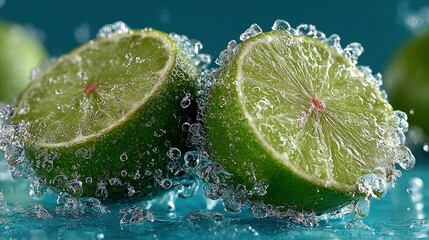 Macro photography of Lime slices splashing water crystal clear droplets frozen midair refreshing summer drink concept high detail studio lighting