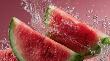 Close-up of watermelon slices splashing water mid-air high definition freeze frame vivid red and green tones professional food photography