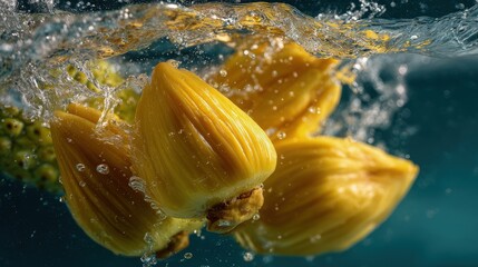 Fresh jackfruit slices splashing water close-up vivid yellow fruit crystal-clear waves tropical vibe dynamic composition perfect for imagery
