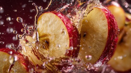 Red apple slices splashing water dynamically crisp macro shot droplets sparkling health and freshness theme perfect for advertising or packaging