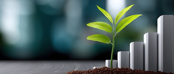 A green plant sprouting from soil beside rising bar graphs symbolizes growth and progress in business or sustainability.