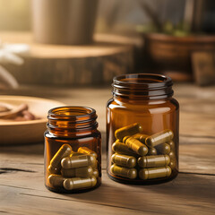 Close-up of amber glass jars filled with orange capsules, placed on a rustic wooden table, warm moody lighting, cozy apothecary atmosphere, shallow depth of field, natural health supplement concept