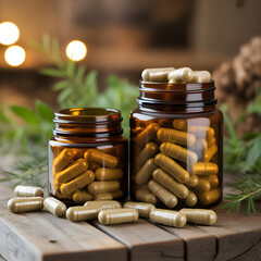 Close-up of amber glass jars filled with orange capsules, placed on a rustic wooden table, warm moody lighting, cozy apothecary atmosphere, shallow depth of field, natural health supplement concept