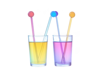 Colorful drinks with swizzle sticks in glassware illustration, beverage photography, juice images, cocktail art, barware isolated on transparent background
