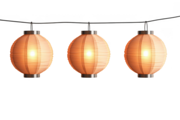 Hanging paper lanterns string lights decoration party celebration festive glowing light isolated on transparent background