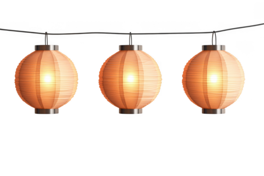 Hanging paper lanterns string lights decoration party celebration festive glowing light isolated on transparent background