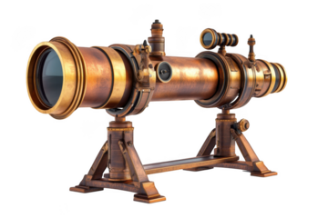 Antique telescope brass spyglass vintage nautical scope retro instrument old binoculars isolated on transparent background