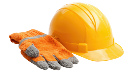 Protective helmet and gloves safety equipment for construction work industry, personal protective gear, head and hand protection isolated on white background