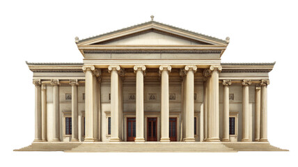 Obraz premium Elegant classical style building with columns, detailed facade, and symmetrical architecture surrounded by stone steps isolated on white background 